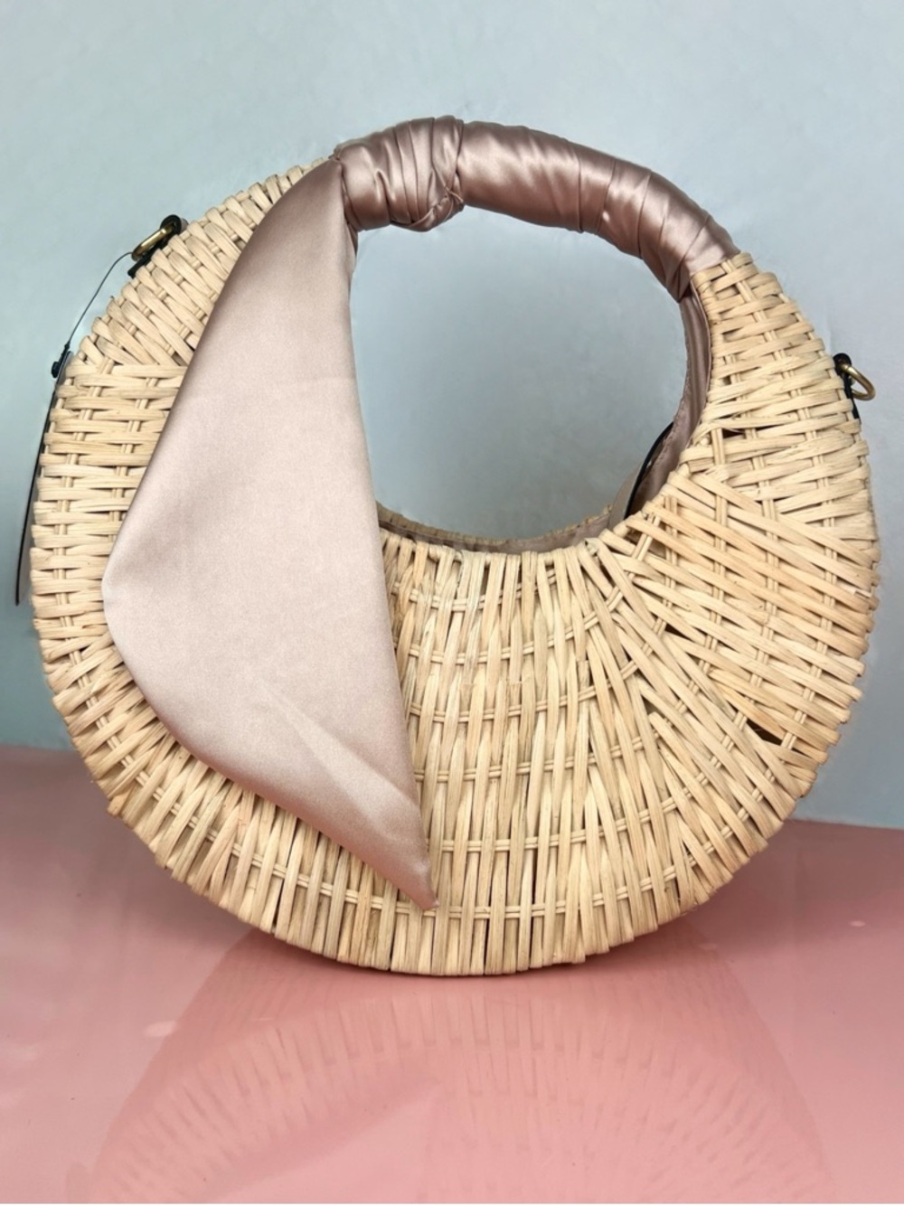 NWT Scoop Large Straw Crescent Crossbody Bag Tan Woven Boho Beach Purse